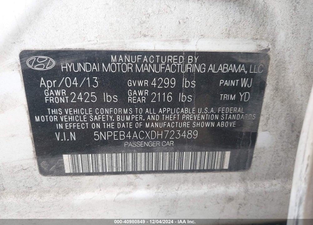 2013 HYUNDAI SONATA VIN: 5NPEB4ACXDH723489
