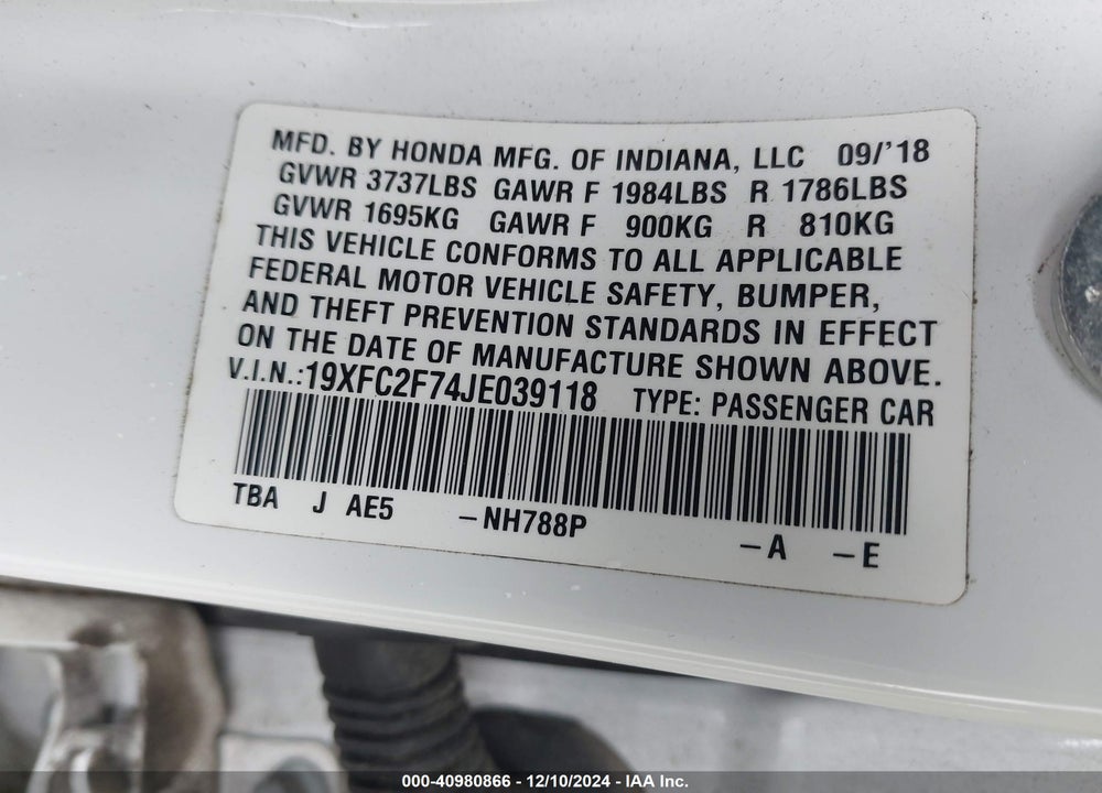 2018 HONDA CIVIC EX VIN: 19XFC2F74JE039118
