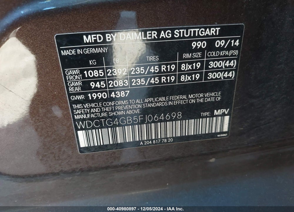 2015 MERCEDES-BENZ GLA 250 4MATIC VIN: WDCTG4GB5FJ064698