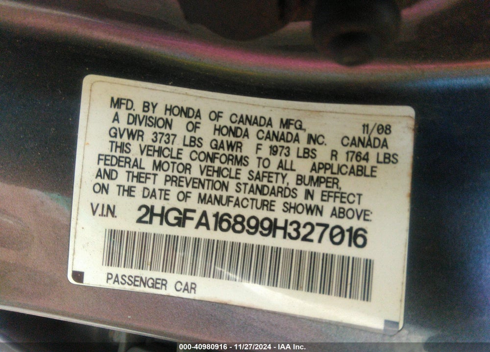 2009 HONDA CIVIC EX VIN: 2HGFA16899H327016