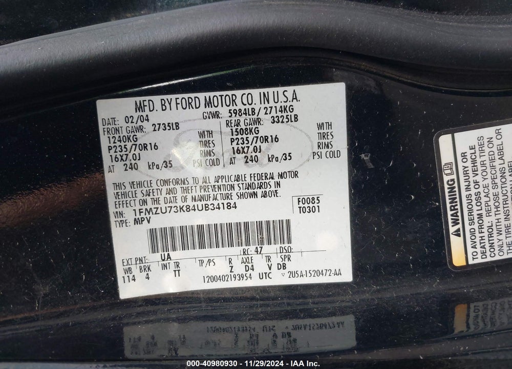 2004 FORD EXPLORER NBX/XLT VIN: 1FMZU73K84UB34184
