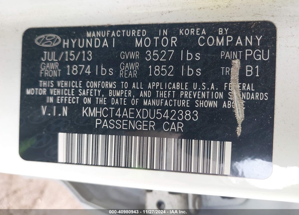 2013 HYUNDAI ACCENT GLS VIN: KMHCT4AEXDU542383