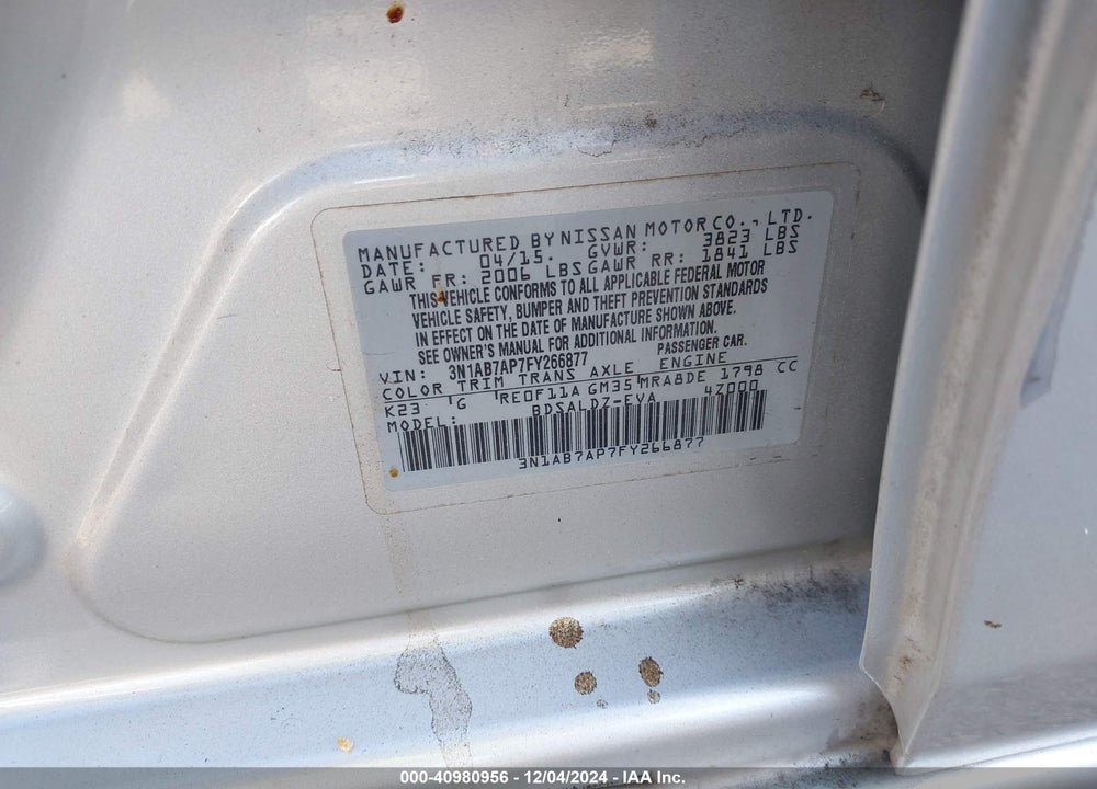 2015 NISSAN SENTRA FE+ S/S/SL/SR/SV VIN: 3N1AB7AP7FY266877