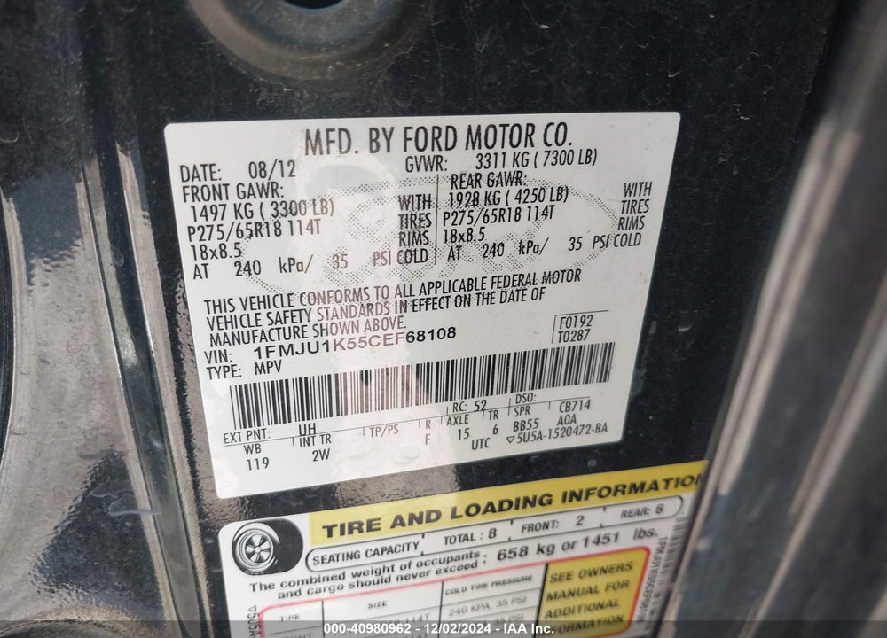 2012 FORD EXPEDITION LIMITED VIN: 1FMJU1K55CEF68108