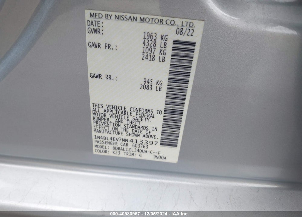 2022 NISSAN ALTIMA SL FWD VIN: 1N4BL4EV7NN413397