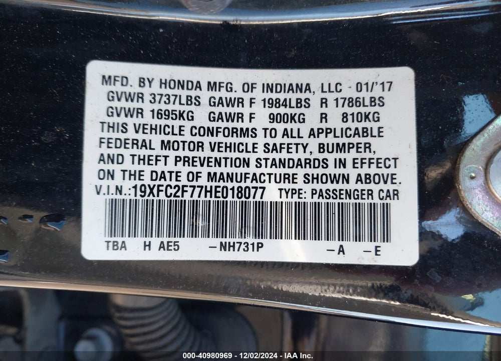 2017 HONDA CIVIC EX VIN: 19XFC2F77HE018077