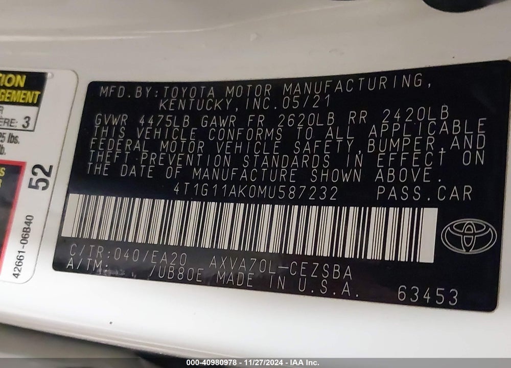 2021 TOYOTA CAMRY SE VIN: 4T1G11AK0MU587232