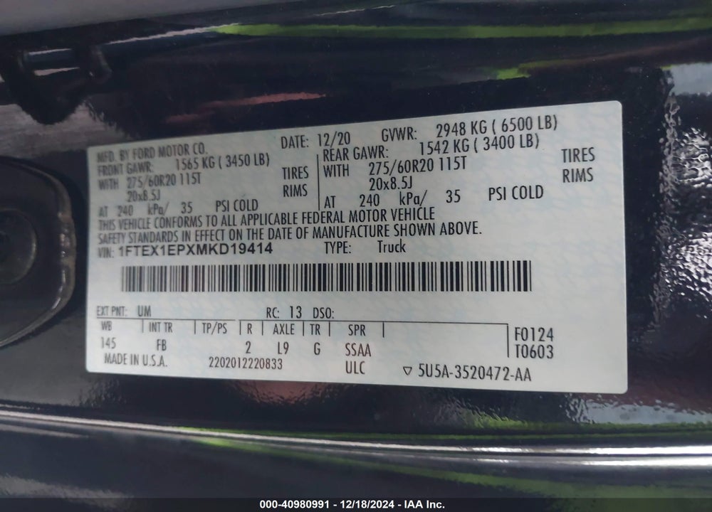 2021 FORD F-150 XLT VIN: 1FTEX1EPXMKD19414