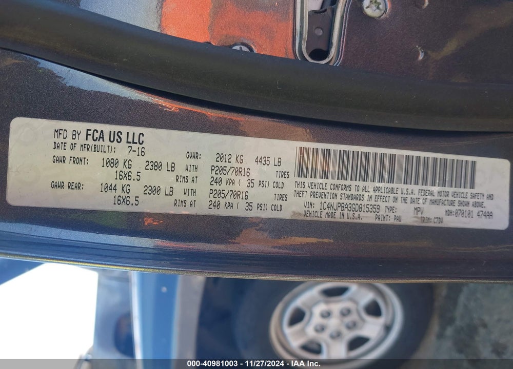 2016 JEEP PATRIOT SPORT VIN: 1C4NJPBA3GD815359