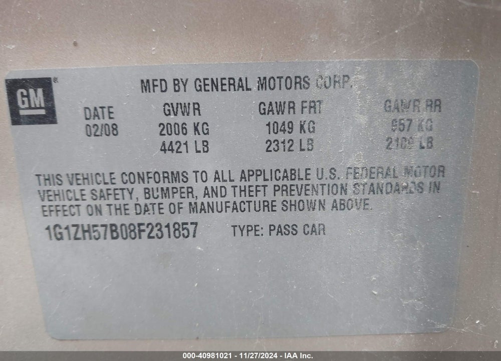 2008 CHEVROLET MALIBU LT VIN: 1G1ZH57B08F231857
