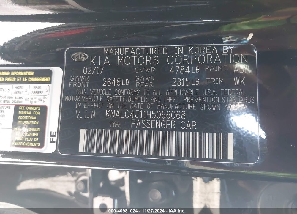 2017 KIA CADENZA LIMITED VIN: KNALC4J11H5066068