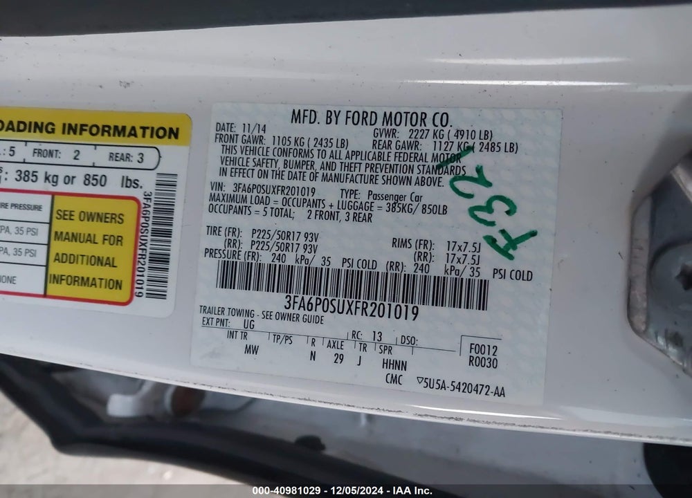 2015 FORD FUSION ENERGI VIN: 3FA6P0SUXFR201019