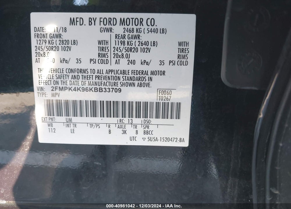 2019 FORD EDGE TITANIUM VIN: 2FMPK4K96KBB33709