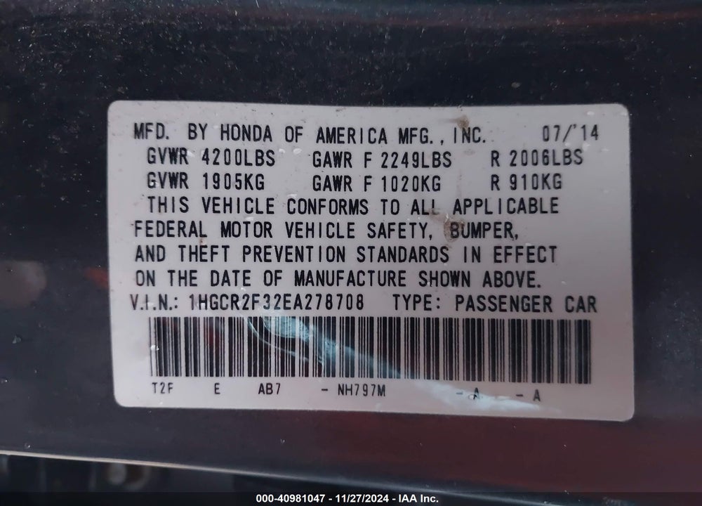 2014 HONDA ACCORD LX VIN: 1HGCR2F32EA278708