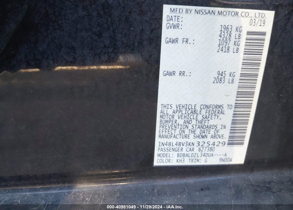 2019 NISSAN ALTIMA VIN: 1N4BL4BV3KN325429