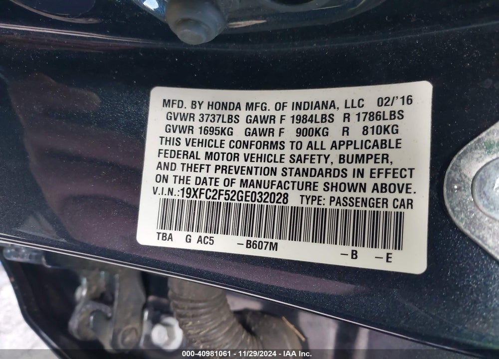2016 HONDA CIVIC LX VIN: 19XFC2F52GE032028