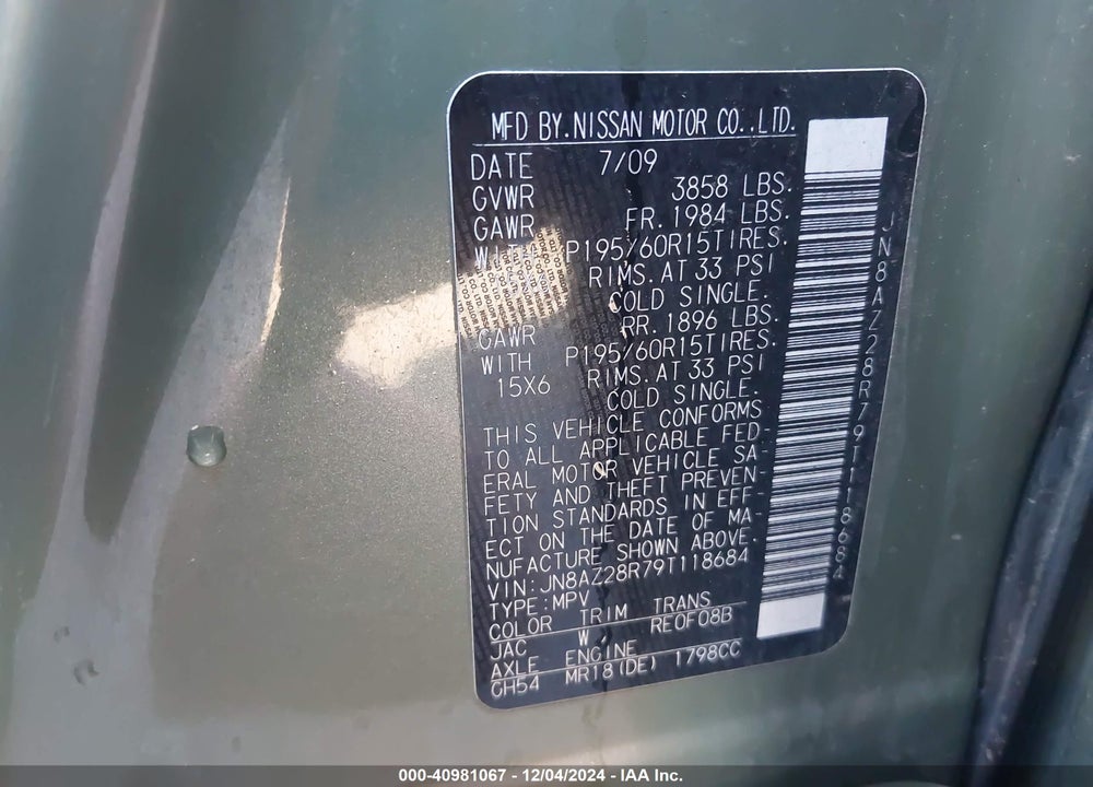2009 NISSAN CUBE 1.8S VIN: JN8AZ28R79T118684