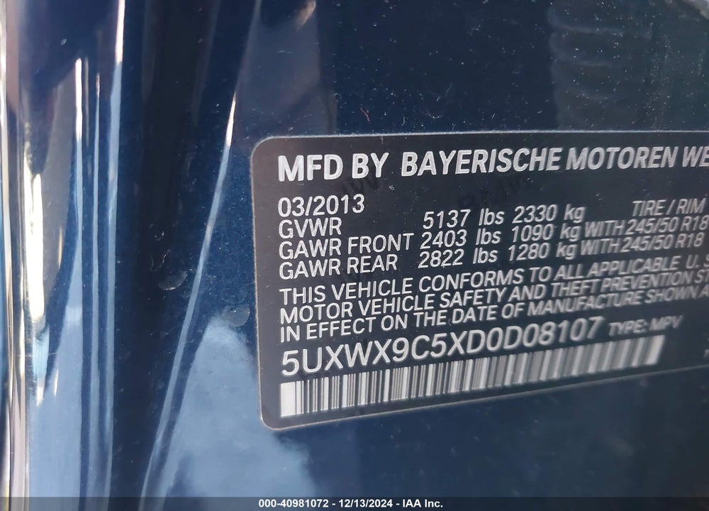 2013 BMW X3 VIN: 5UXWX9C5XD0D08107
