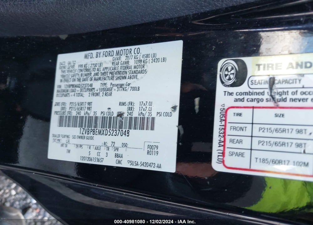 2013 FORD MUSTANG V6 VIN: 1ZVBP8EMXD5237048