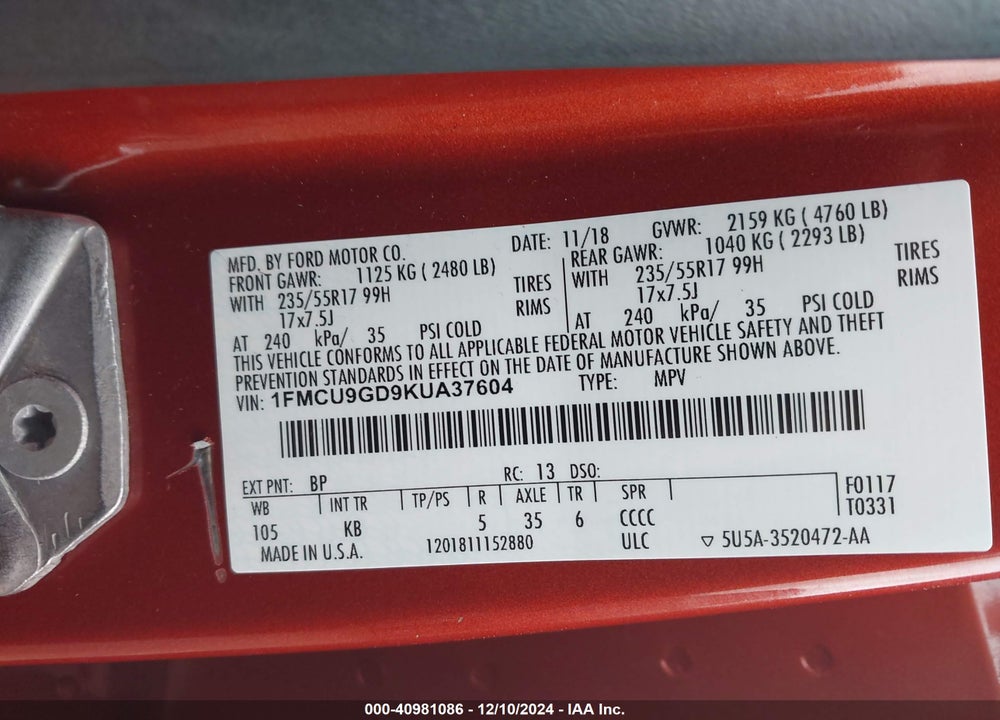 2019 FORD ESCAPE SE VIN: 1FMCU9GD9KUA37604