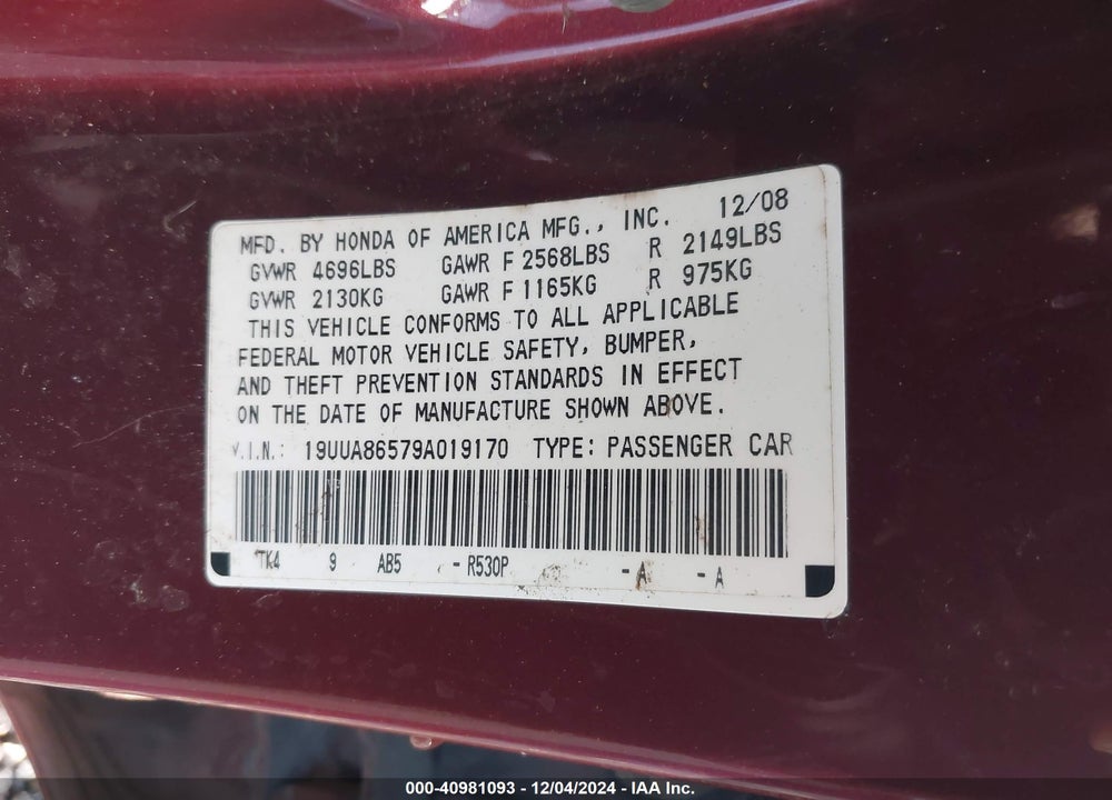 2009 ACURA TL VIN: 19UUA86579A019170