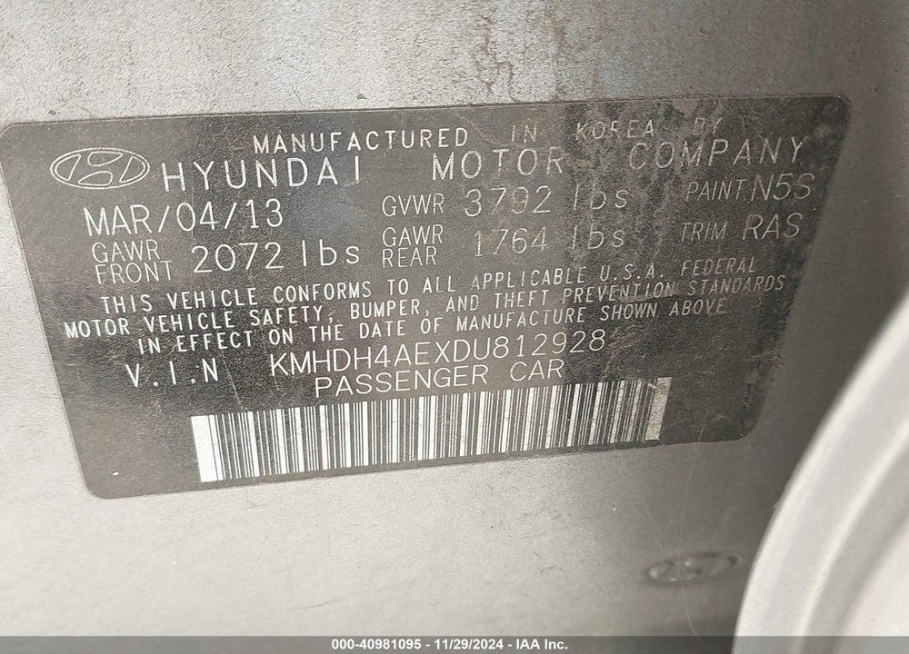 2013 HYUNDAI ELANTRA GLS VIN: KMHDH4AEXDU812928