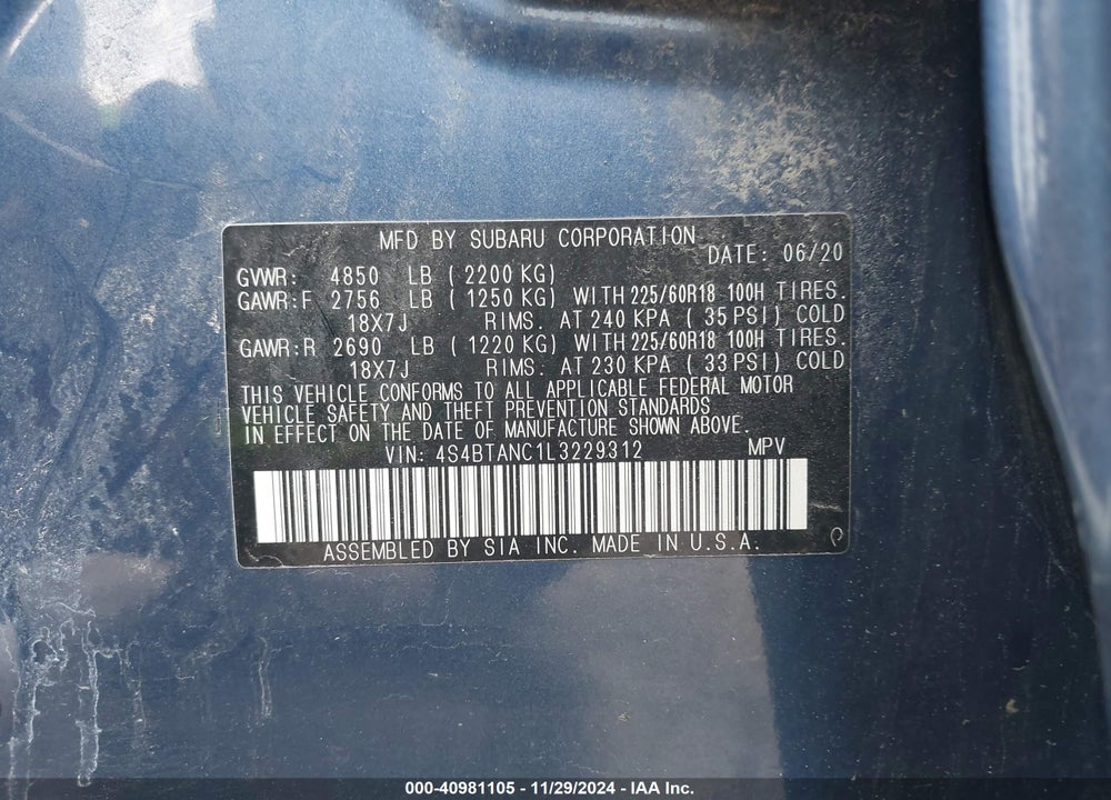 2020 SUBARU OUTBACK VIN: 4S4BTANC1L3229312