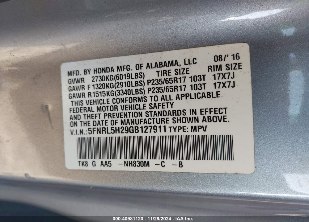 2016 HONDA ODYSSEY LX VIN: 5FNRL5H29GB127911