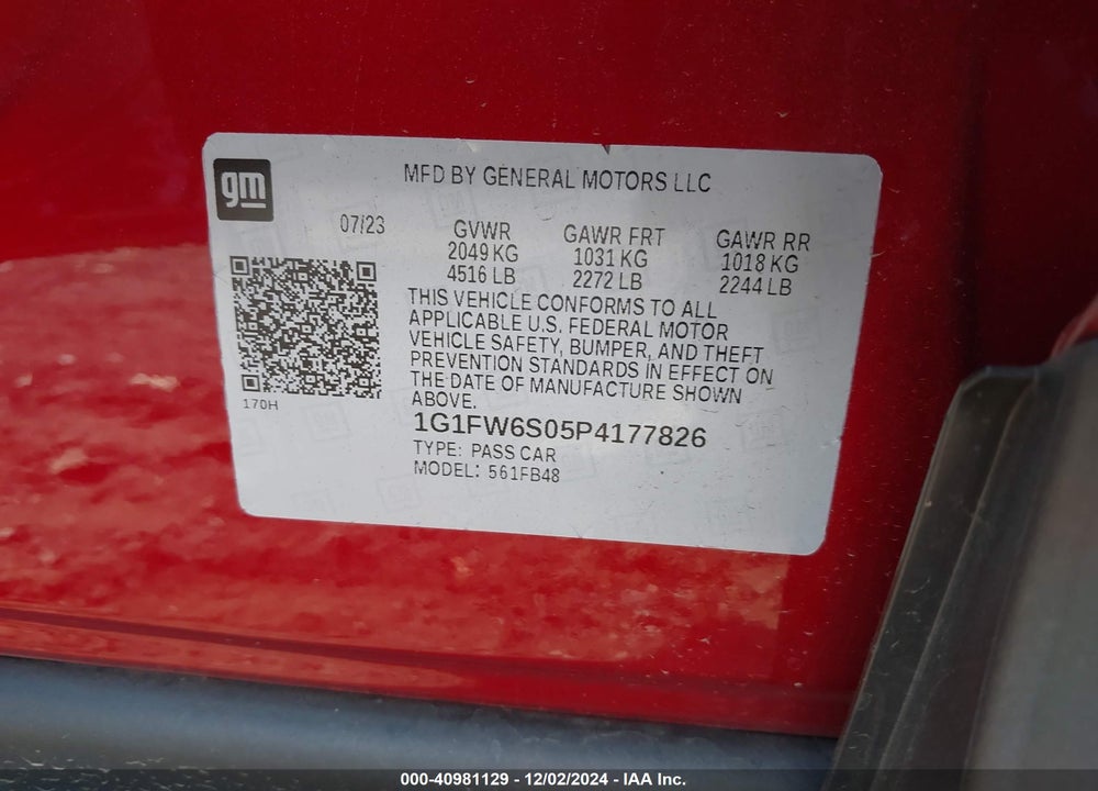 2023 CHEVROLET BOLT EV FWD 1LT VIN: 1G1FW6S05P4177826