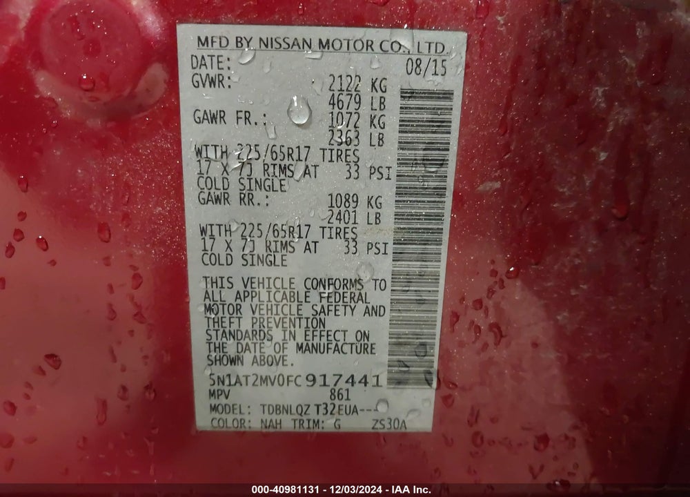 2015 NISSAN ROGUE SV VIN: 5N1AT2MV0FC917441