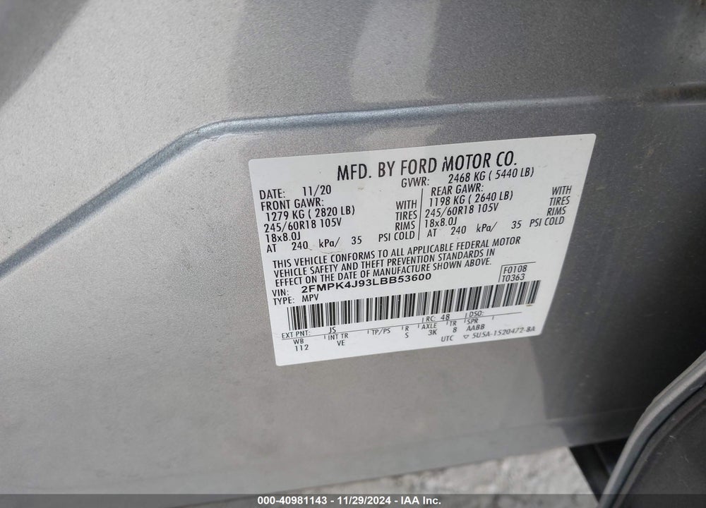 2020 FORD EDGE SEL VIN: 2FMPK4J93LBB53600