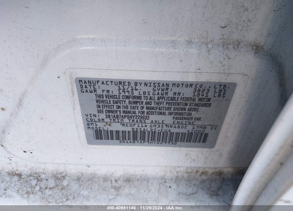 2017 NISSAN SENTRA SV VIN: 3N1AB7AP9HY229932