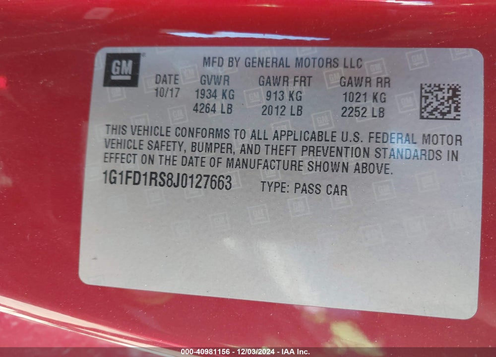 2018 CHEVROLET CAMARO 2LT VIN: 1G1FD1RS8J0127663