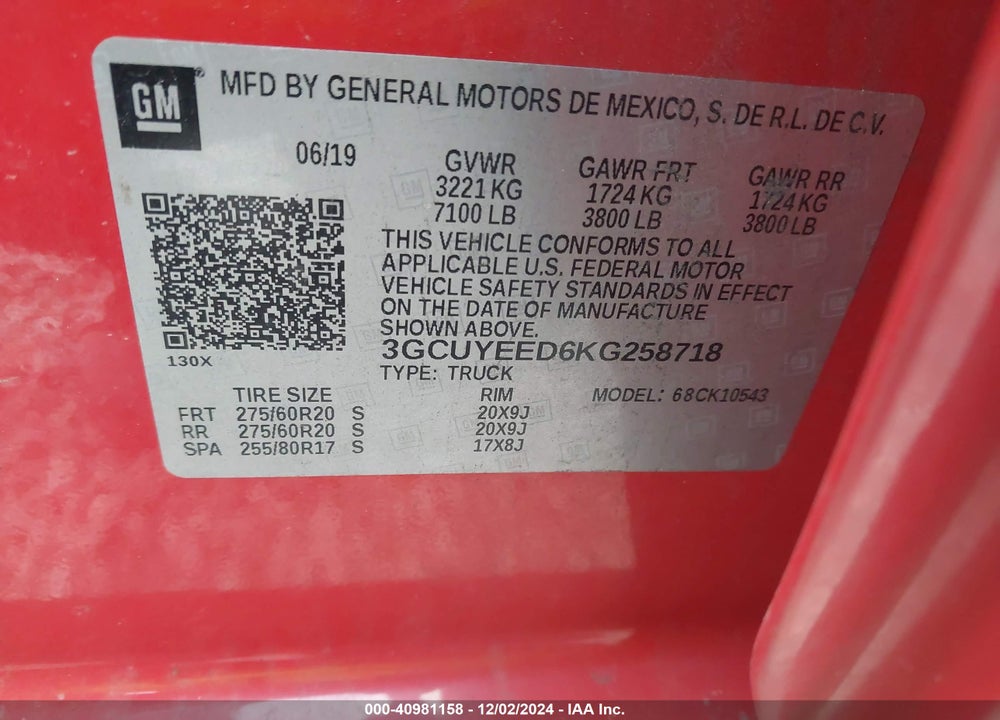2019 CHEVROLET SILVERADO 1500 VIN: 3GCUYEED6KG258718