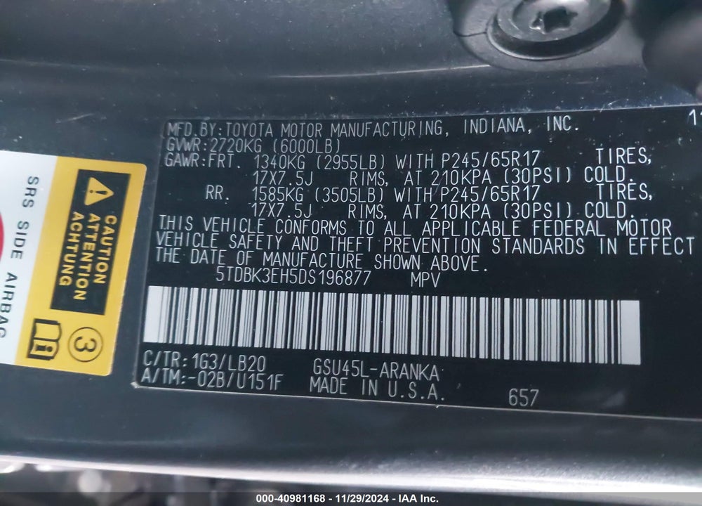 2013 TOYOTA HIGHLANDER SE V6 VIN: 5TDBK3EH5DS196877