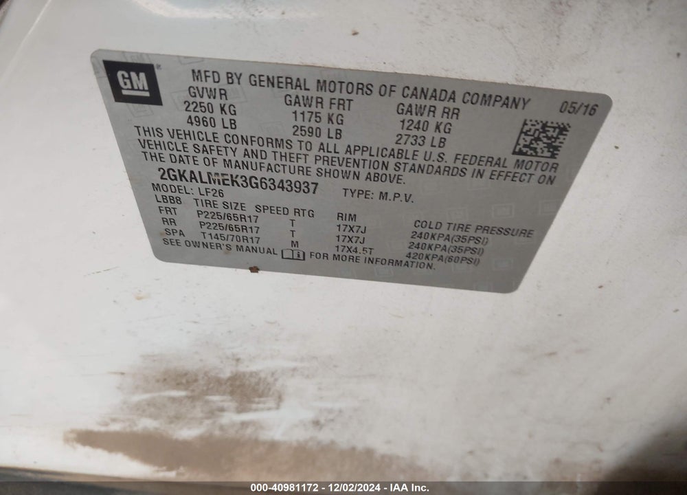 2016 GMC TERRAIN SLE-1 VIN: 2GKALMEK3G6343937