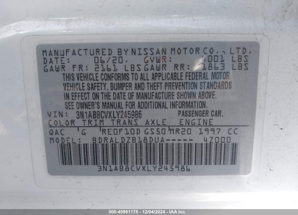 2020 NISSAN SENTRA SV XTRONIC CVT VIN: 3N1AB8CVXLY245986