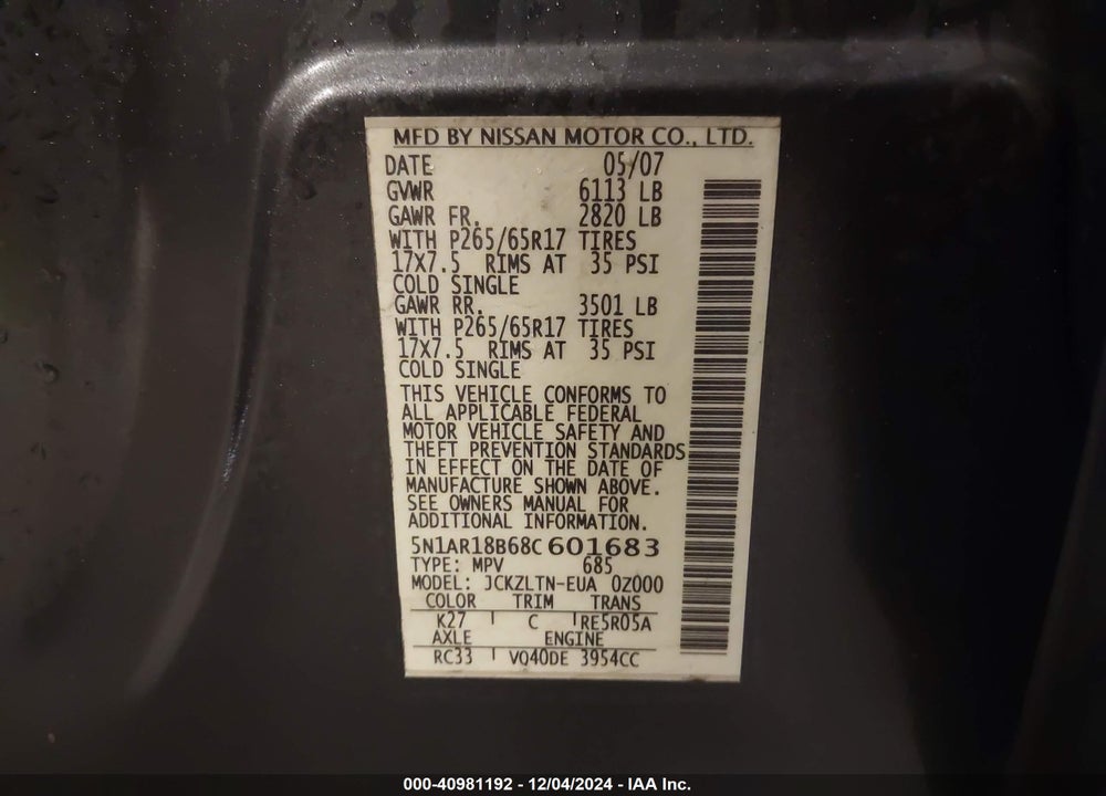 2008 NISSAN PATHFINDER SE VIN: 5N1AR18B68C601683