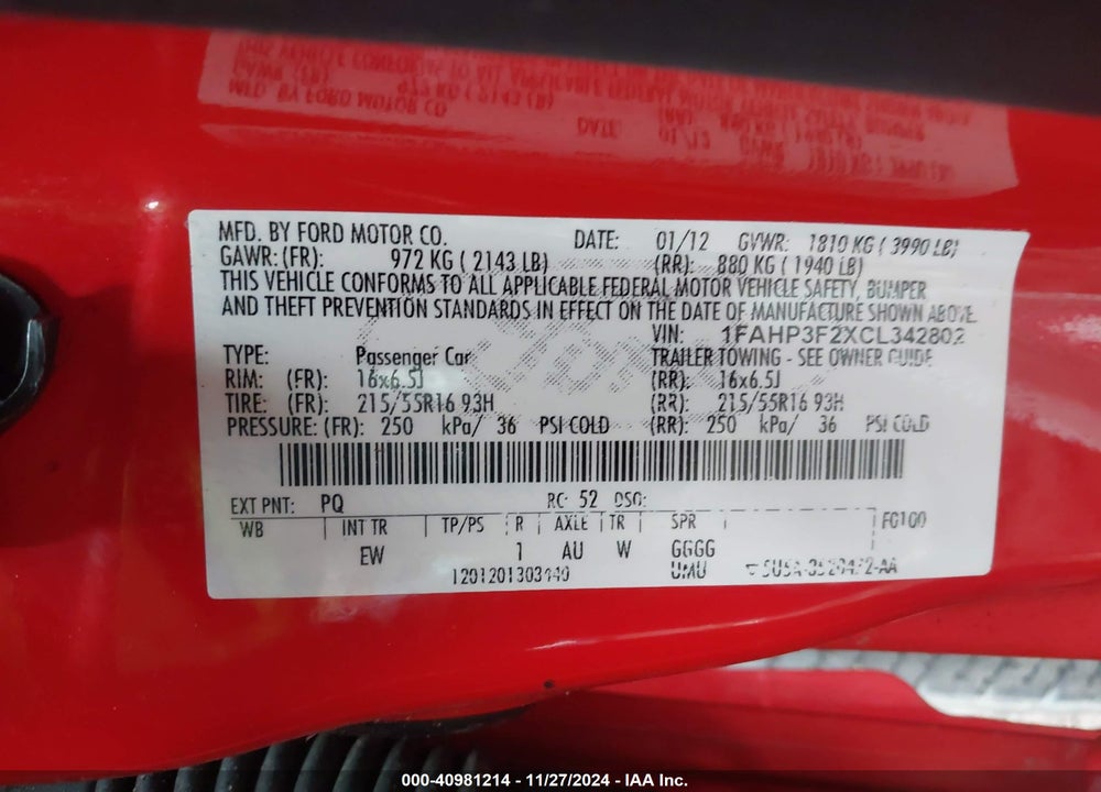 2012 FORD FOCUS SE VIN: 1FAHP3F2XCL342802