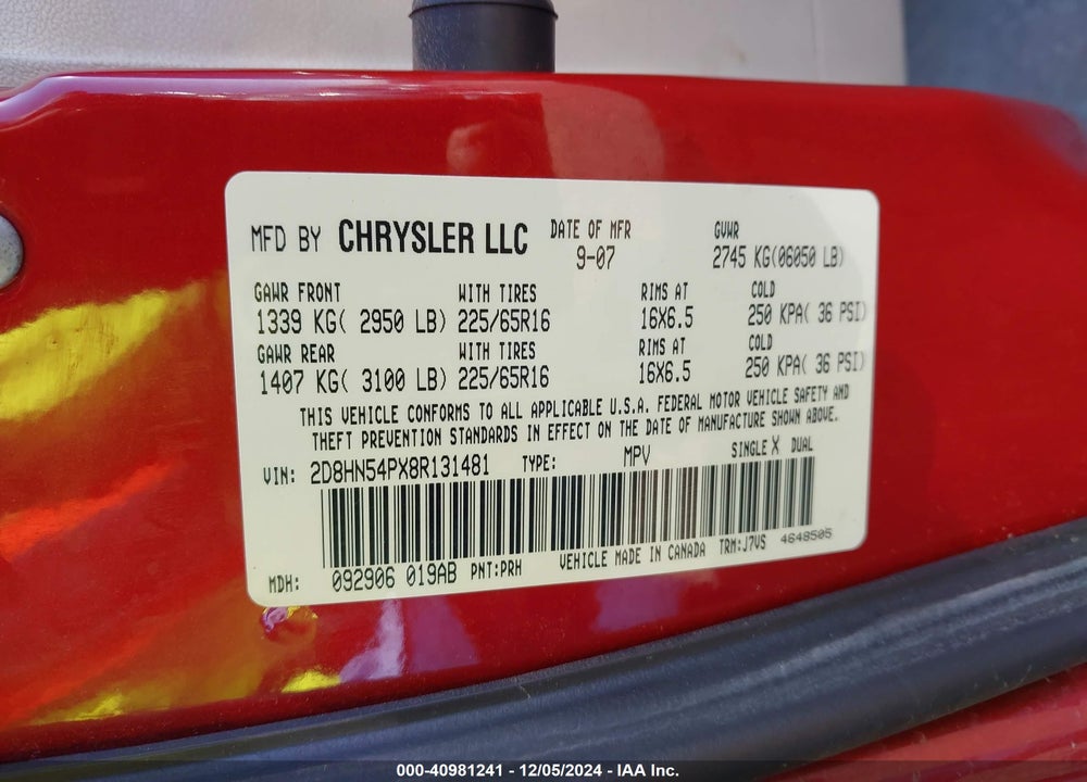 2008 DODGE GRAND CARAVAN SXT VIN: 2D8HN54PX8R131481