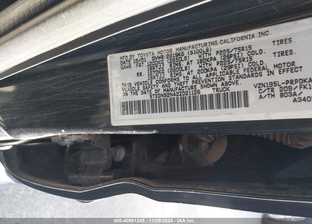 2002 TOYOTA TACOMA PRERUNNER V6 VIN: 5TEGN92N42Z021126