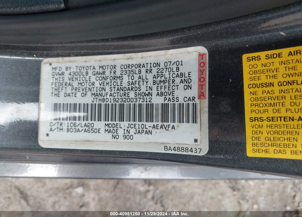 2002 LEXUS IS 300 VIN: JTHBD192320037312