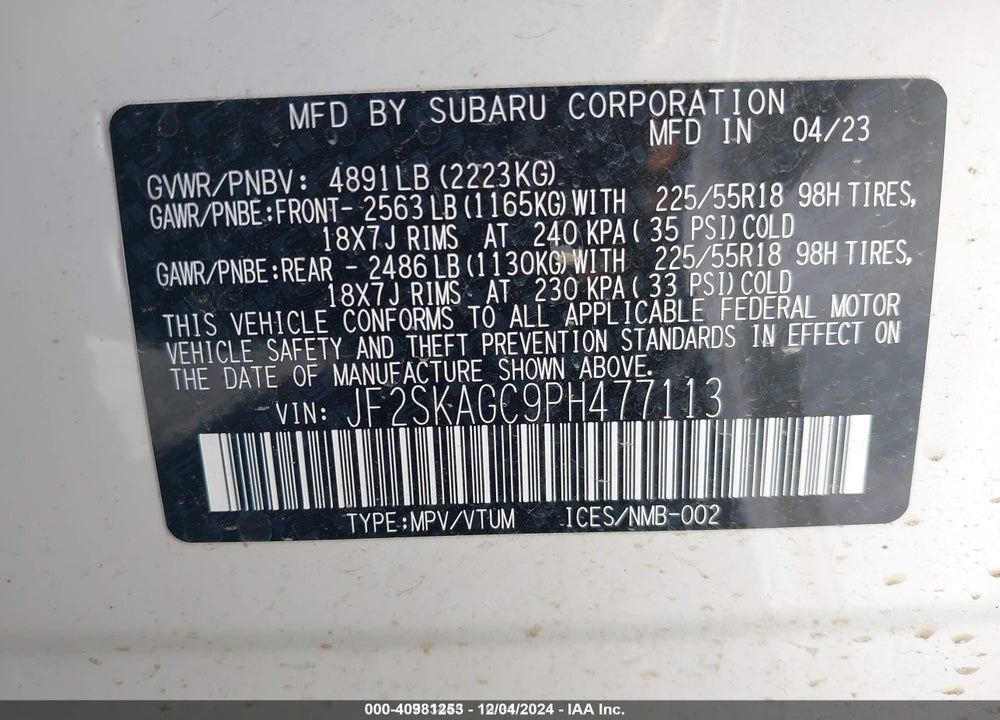 2023 SUBARU FORESTER VIN: JF2SKAGC9PH477113