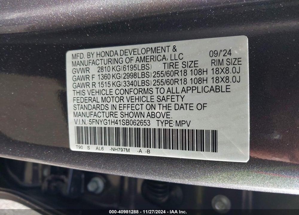 2025 HONDA PILOT VIN: 5FNYG1H41SB062653