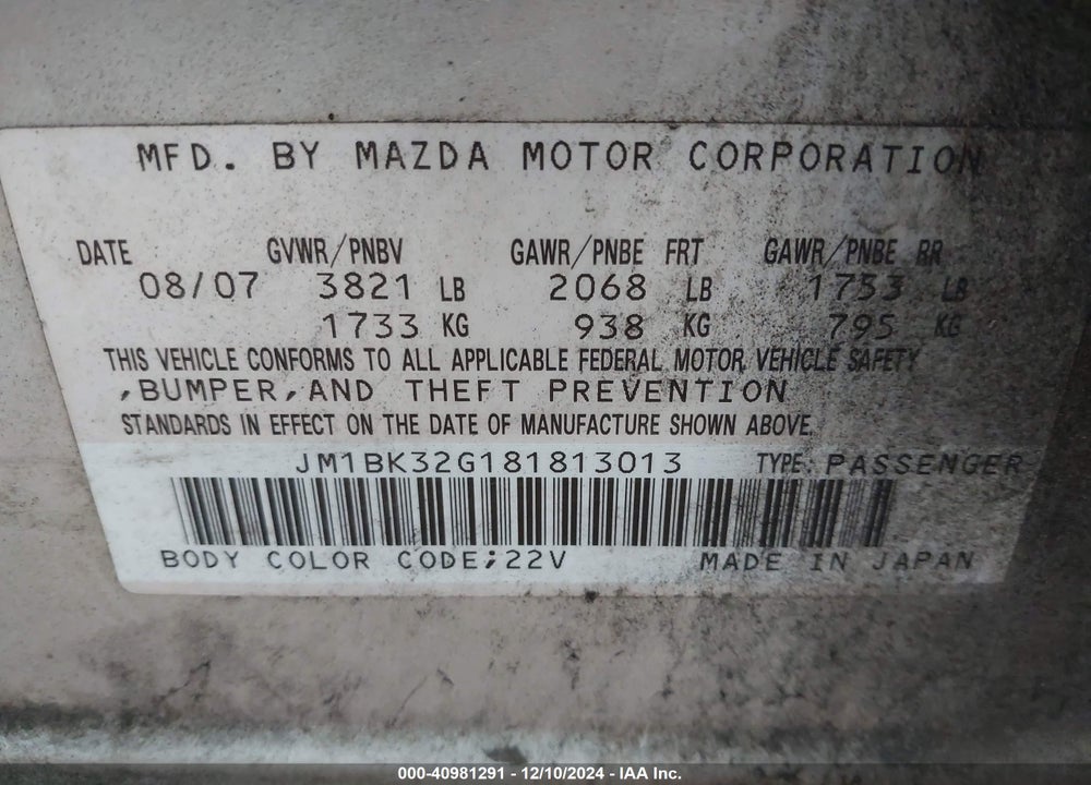 2008 MAZDA 3 I VIN: JM1BK32G181813013