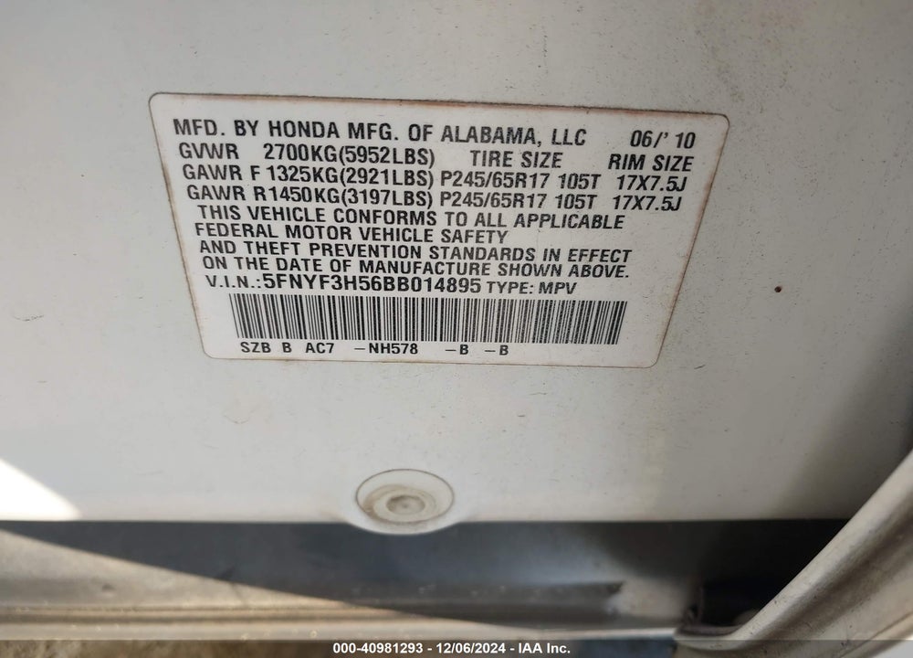 2011 HONDA PILOT EX-L VIN: 5FNYF3H56BB014895