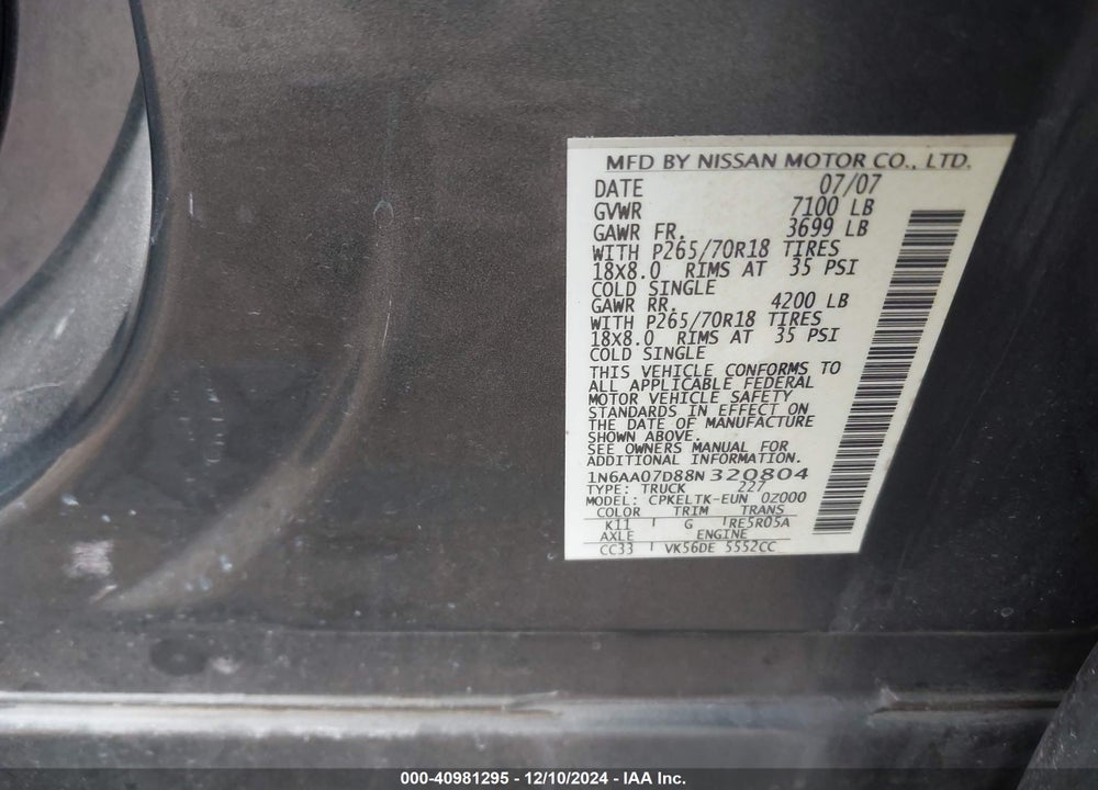 2008 NISSAN TITAN SE VIN: 1N6AA07D88N320804