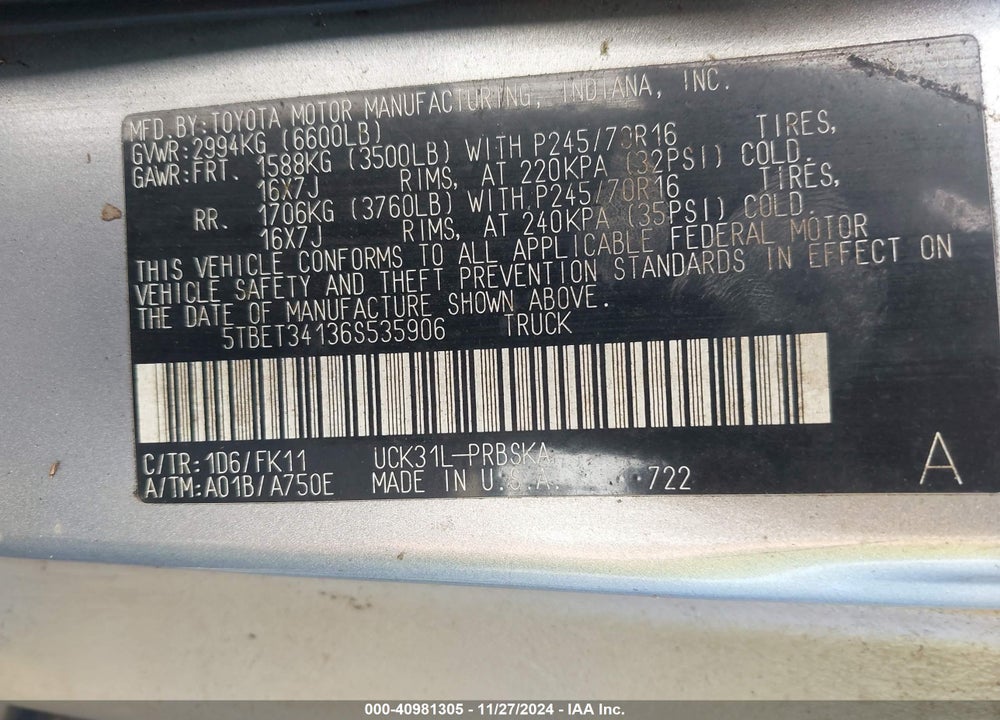 2006 TOYOTA TUNDRA SR5 V8 VIN: 5TBET34136S535906