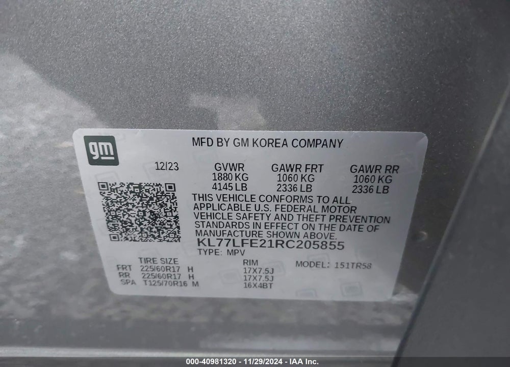 2024 CHEVROLET TRAX FWD SP VIN: KL77LFE21RC205855