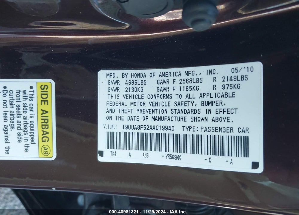 2010 ACURA TL 3.5 VIN: 19UUA8F52AA019940